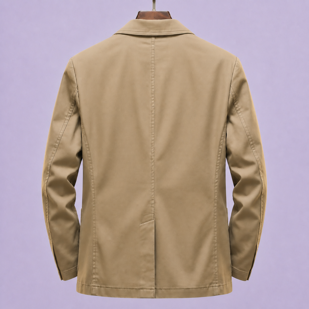 Khaki blazer on hanger, back