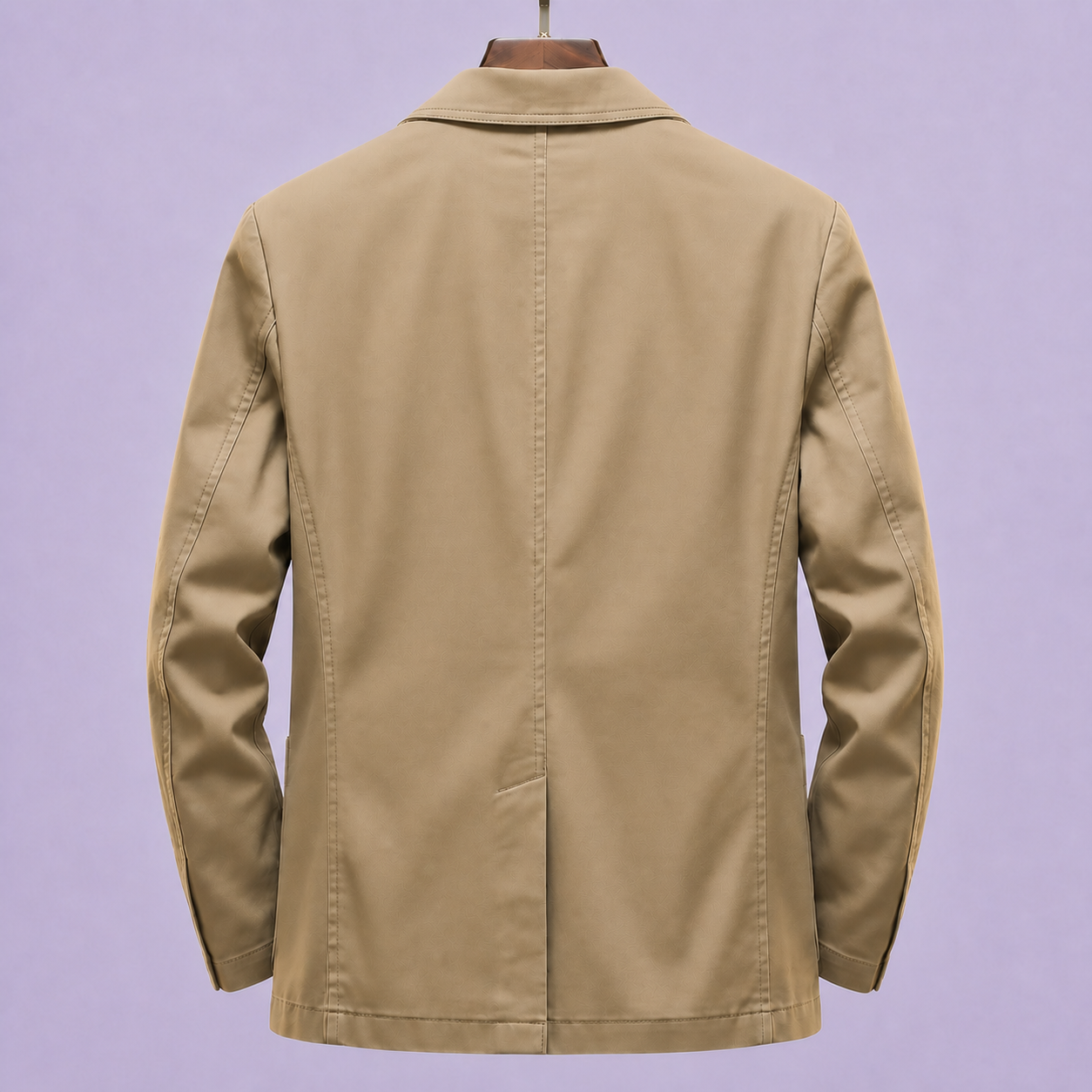 Khaki blazer on hanger, back