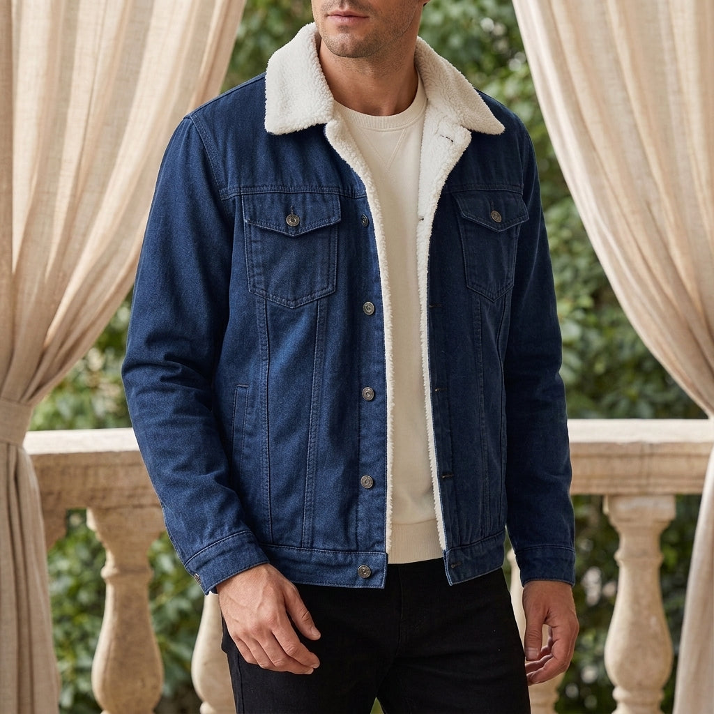 Denim Jacket in Denim Lambskin Dark Blue showing the fleece-style lining and four-pocket front