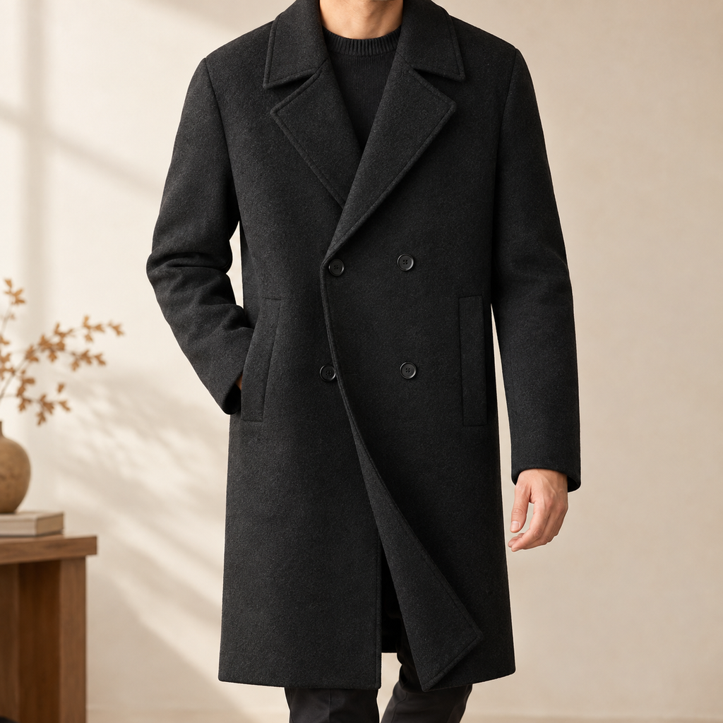 Double Breasted Overcoat in Black showing the broad notched lapels and four button front.