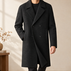 Double Breasted Overcoat in Black showing the broad notched lapels and four button front.