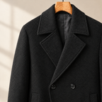 Double Breasted Overcoat detail view 2 showing the broad notched lapels and four button front.
