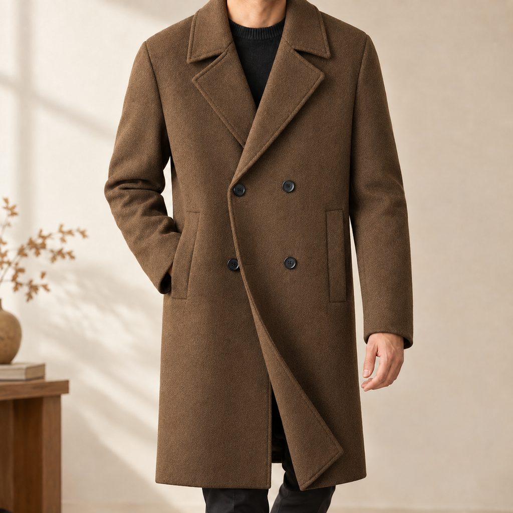 Double Breasted Overcoat in Camel showing the broad notched lapels and four button front.