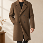 Double Breasted Overcoat in Camel showing the broad notched lapels and four button front.