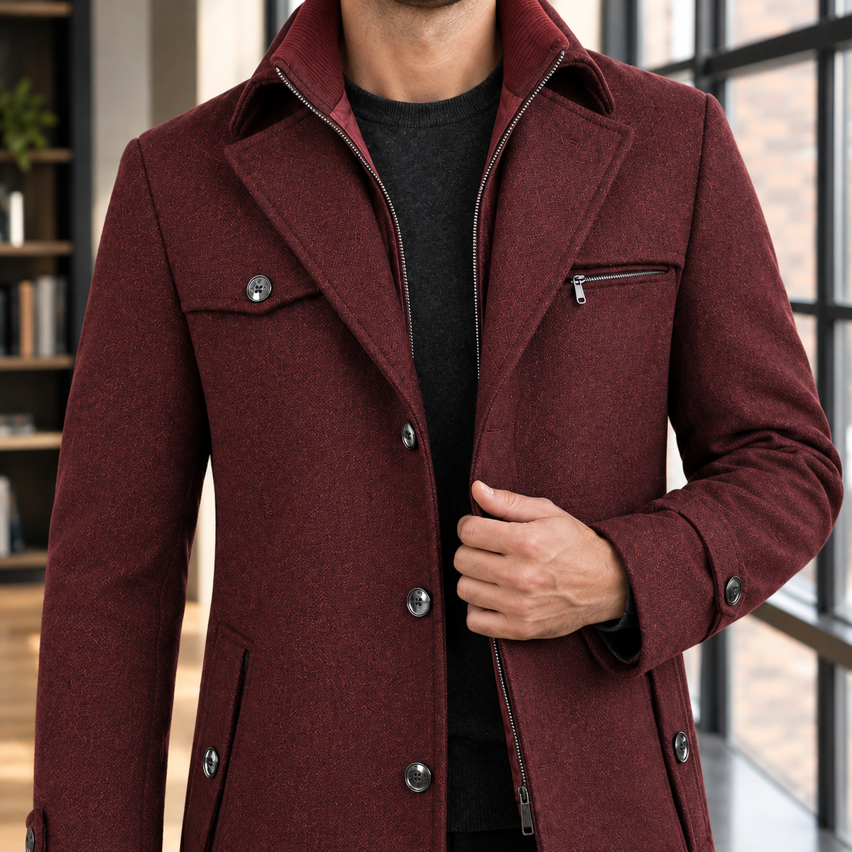 Double Collar Coat detail view 2 showing the layered collar and zip button front.