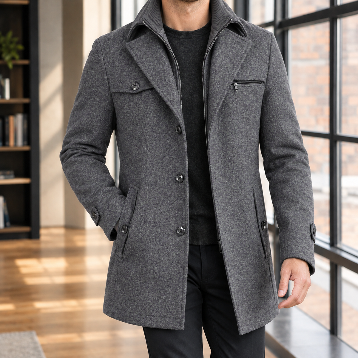 Double Collar Coat in Gray showing the layered collar and zip button front.