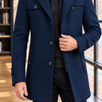 Double Collar Coat in Blue showing the layered collar and zip button front.