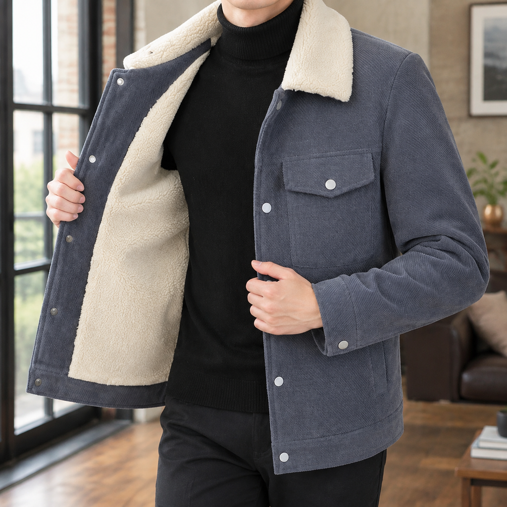 Fleece Collar Jacket in Gray showing the contrast pile collar, plush lining, and slim snap front.