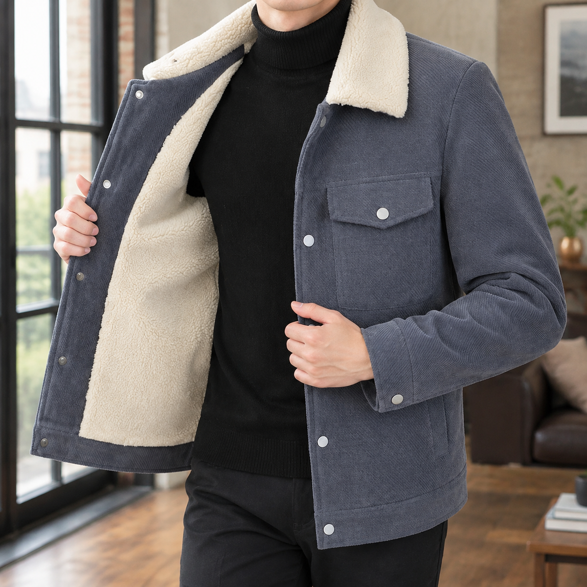 Fleece Collar Jacket in Gray showing the contrast pile collar, plush lining, and slim snap front.