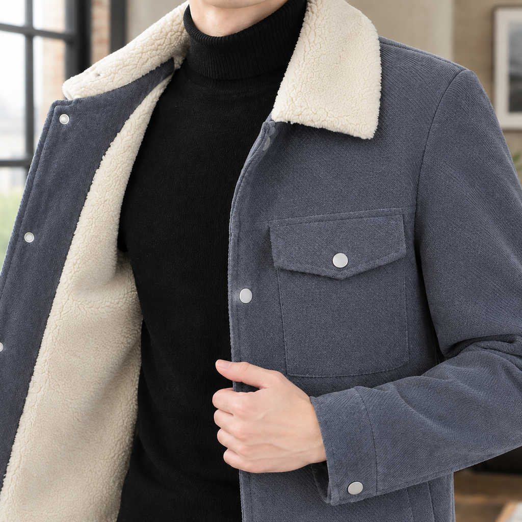 Fleece Collar Jacket detail view 2 showing the contrast pile collar, plush lining, and slim snap front.