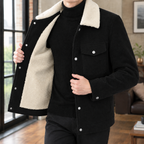 Fleece Collar Jacket in Black showing the contrast pile collar, plush lining, and slim snap front.