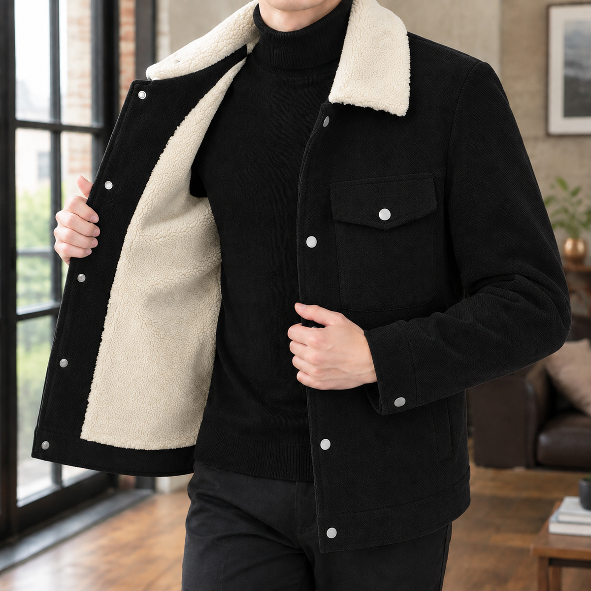 Fleece Collar Jacket in Black showing the contrast pile collar, plush lining, and slim snap front.
