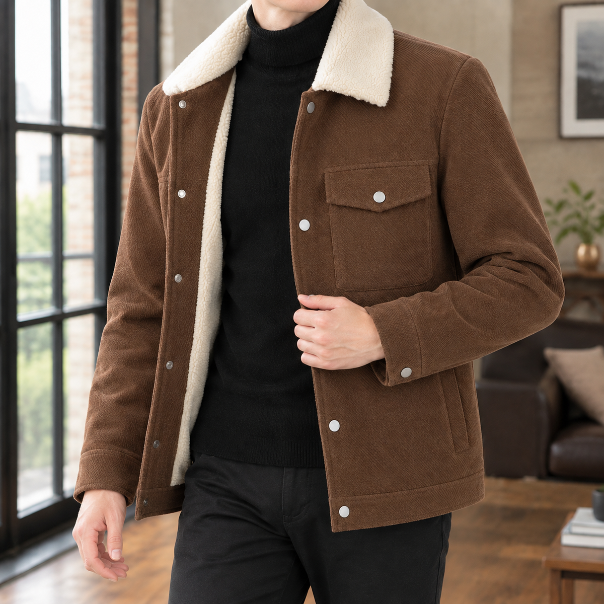 Fleece Collar Jacket in Brown showing the contrast pile collar, plush lining, and slim snap front.