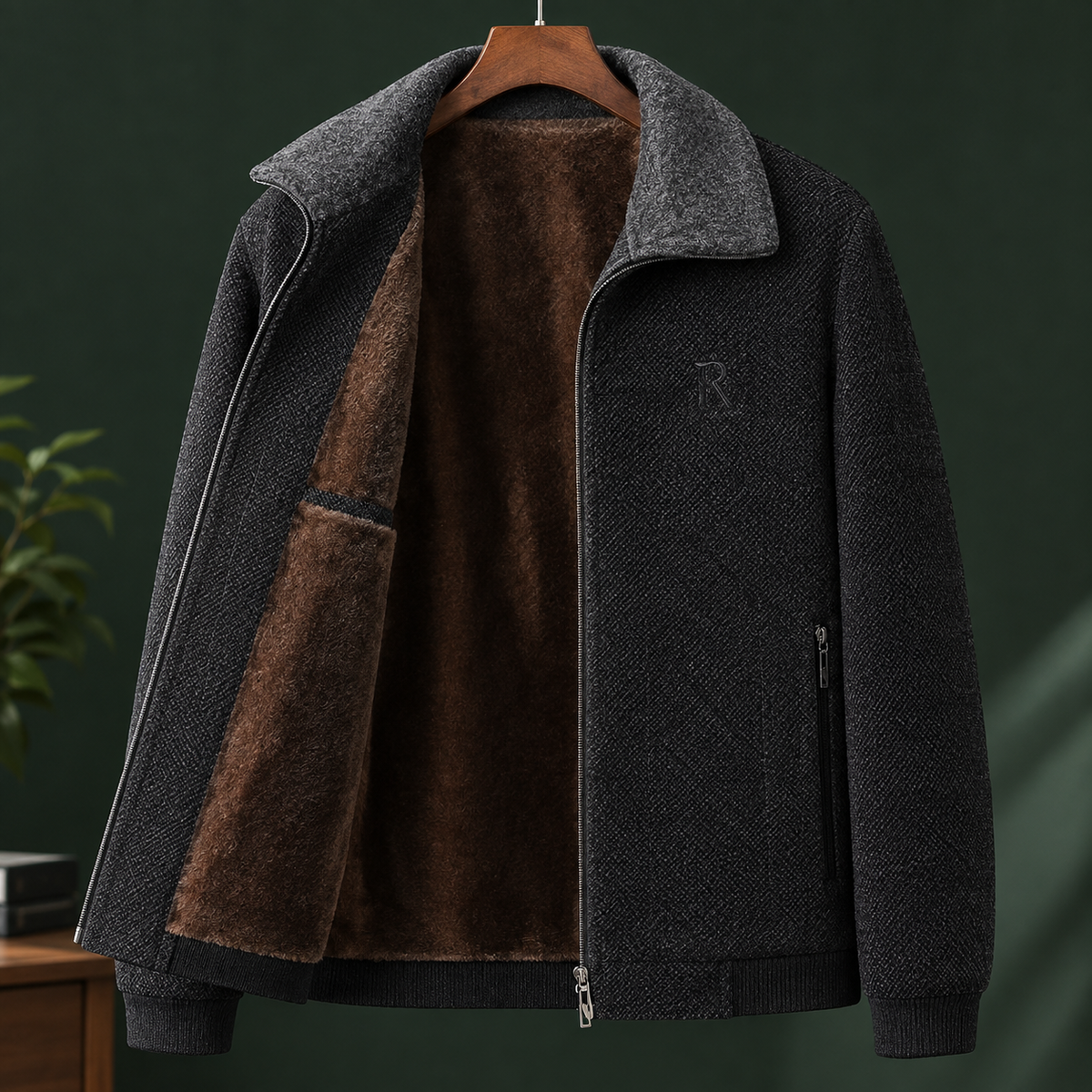 Fleece Lined Jacket in Black Gray showing the plush fleece interior, contrast collar, and vertical zip pockets.