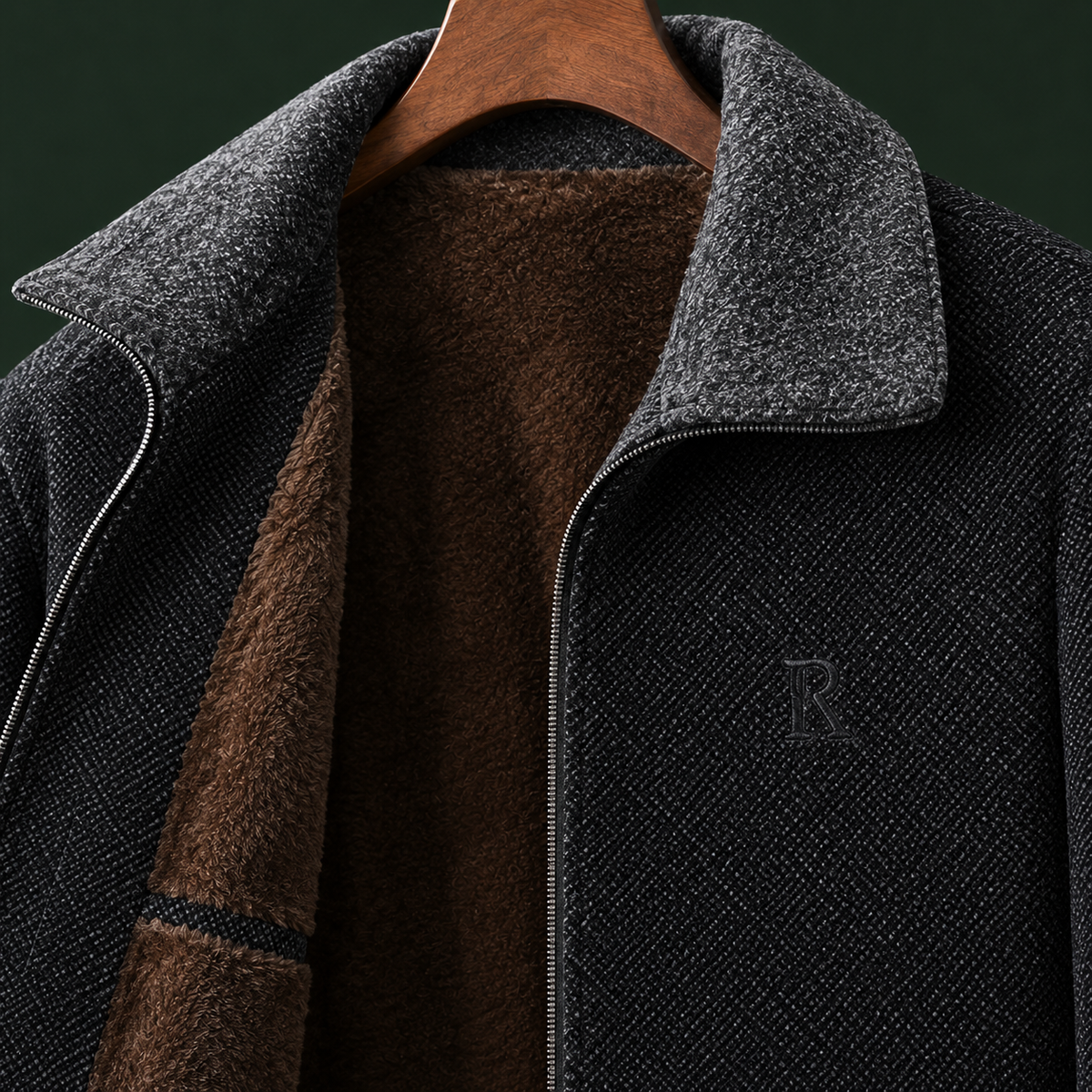 Fleece Lined Jacket detail view 2 showing the plush fleece interior, contrast collar, and vertical zip pockets.