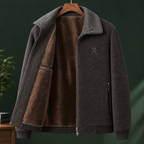Fleece Lined Jacket in Gray Brown showing the plush fleece interior, contrast collar, and vertical zip pockets.