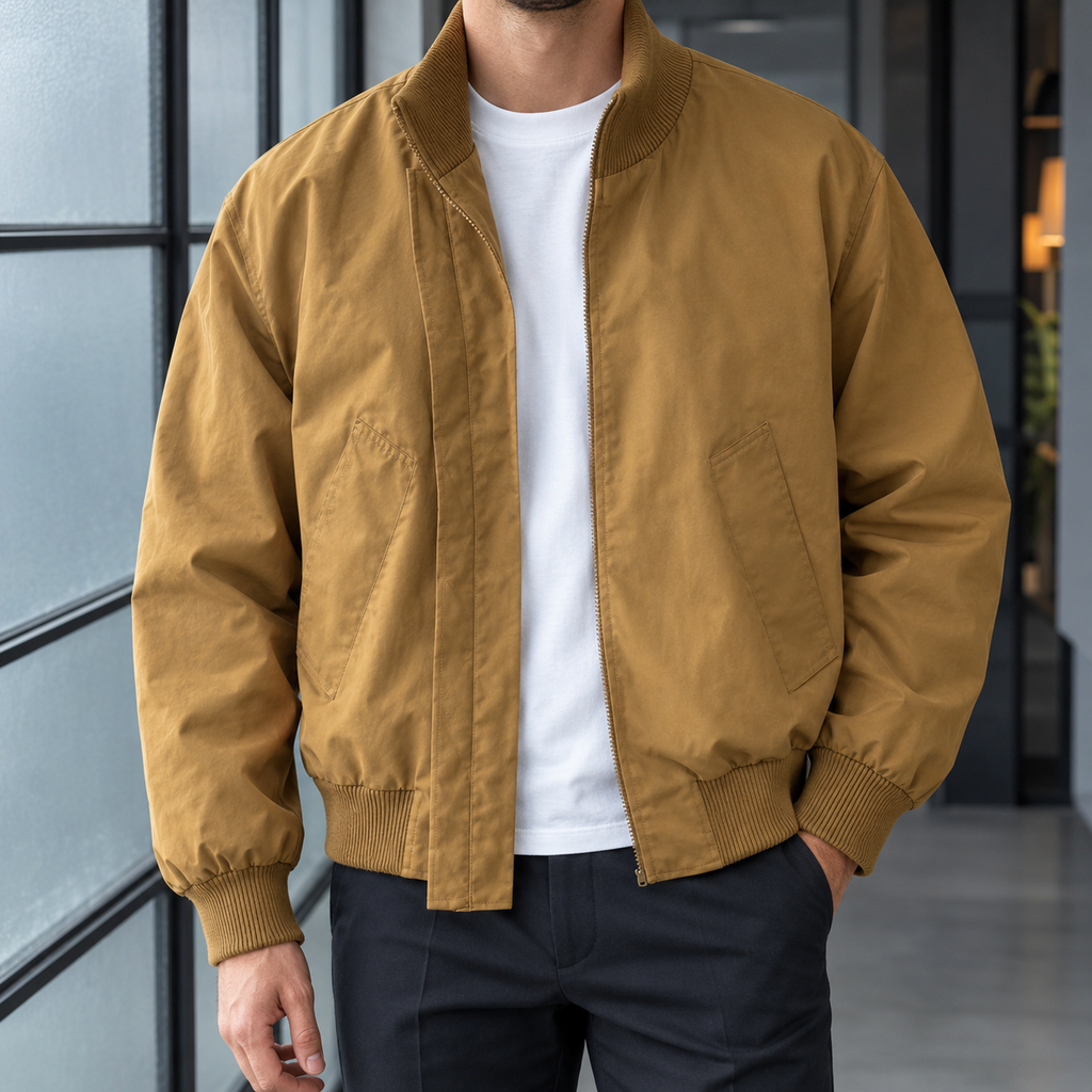 Flight Jacket in Coffee showing the concealed zip and ribbed trims