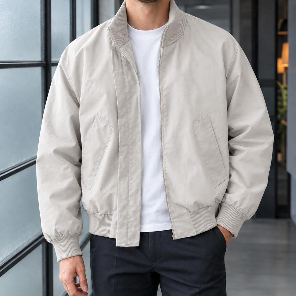 Flight Jacket in Khaki showing the concealed zip and ribbed trims