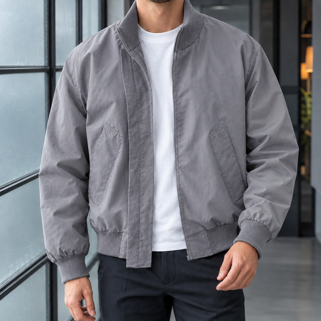 Flight Jacket in Gray showing the concealed zip and ribbed trims