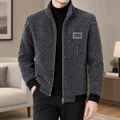 Graphic Zip Jacket in Gray showing the tonal graphic texture, stand collar, and ribbed trims.