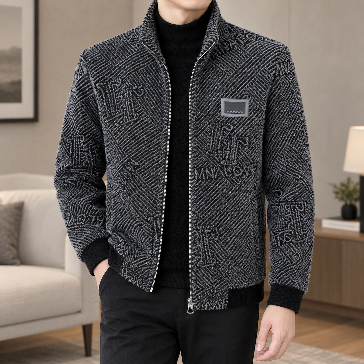 Graphic Zip Jacket in Gray showing the tonal graphic texture, stand collar, and ribbed trims.