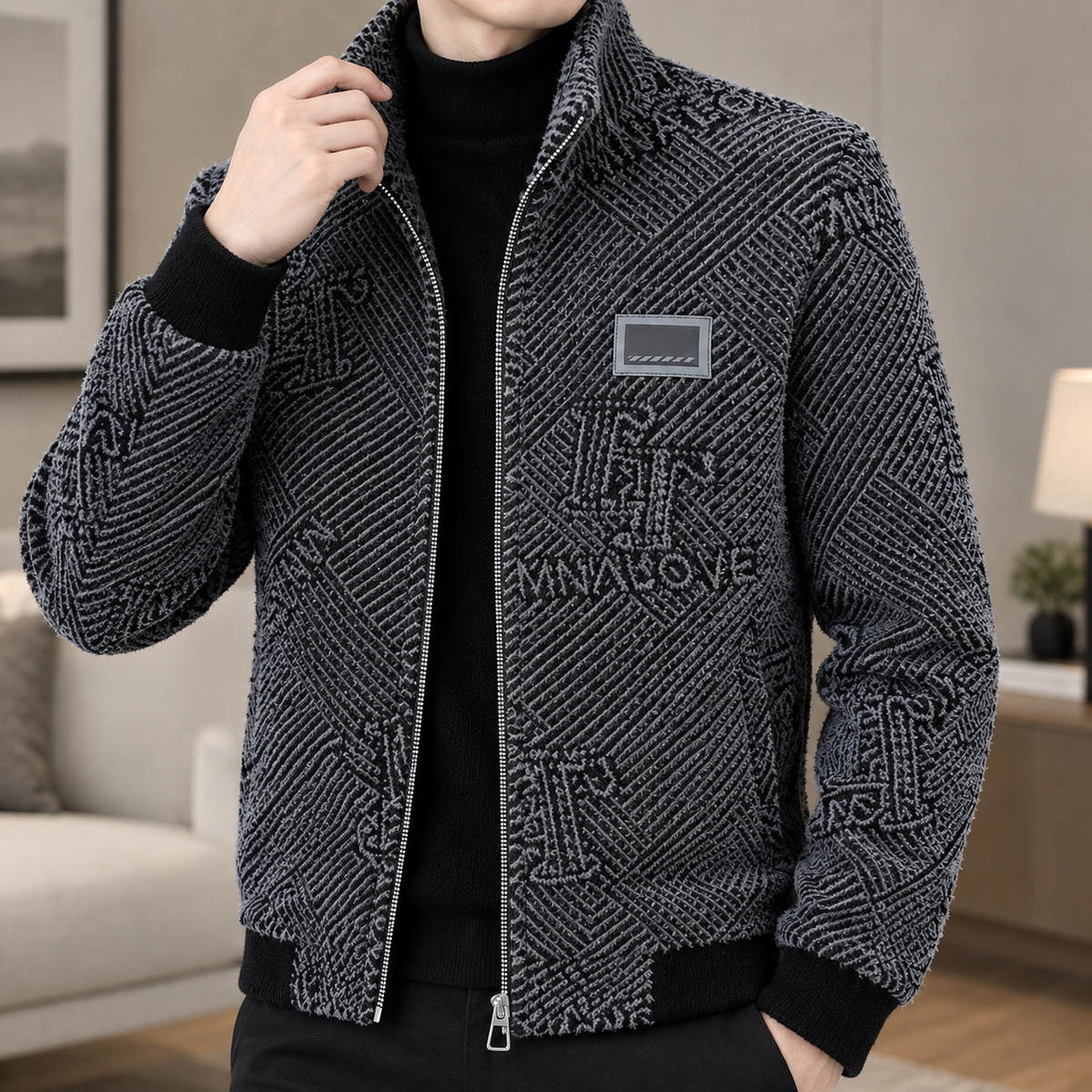 Graphic Zip Jacket detail view 2 showing the tonal graphic texture, stand collar, and ribbed trims.