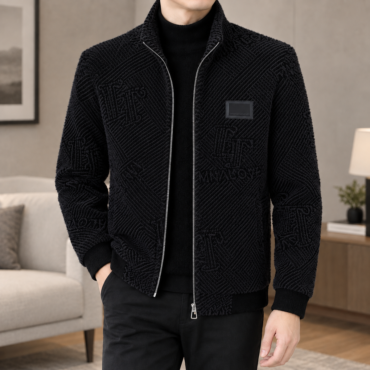 Graphic Zip Jacket in Black showing the tonal graphic texture, stand collar, and ribbed trims.