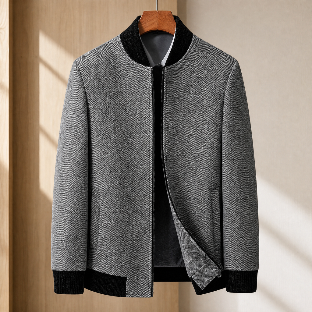 Herringbone Jacket in Gray showing the herringbone weave and ribbed baseball collar