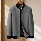 Herringbone Jacket in Gray showing the herringbone weave and ribbed baseball collar