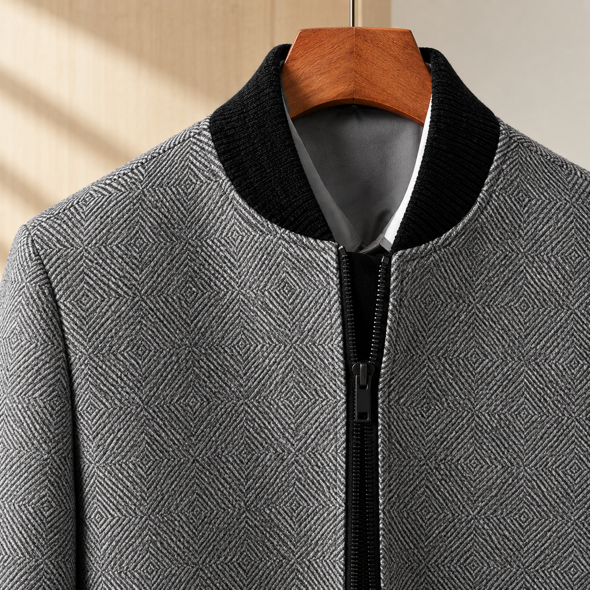Herringbone Jacket additional view 2 showing the herringbone weave and ribbed baseball collar