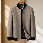 Herringbone Jacket in Brown showing the herringbone weave and ribbed baseball collar