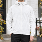 Hooded Jacket in White showing the drawcord hood, chevron yoke, and relaxed fit.