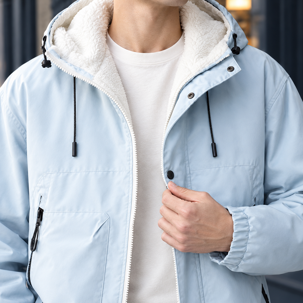 Hooded Jacket detail view 2 showing the fleece-lined hood, zipped pockets, and elasticated cuffs.