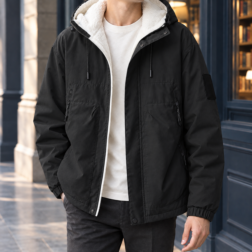 Hooded Jacket in Black showing the fleece-lined hood, zipped pockets, and elasticated cuffs.