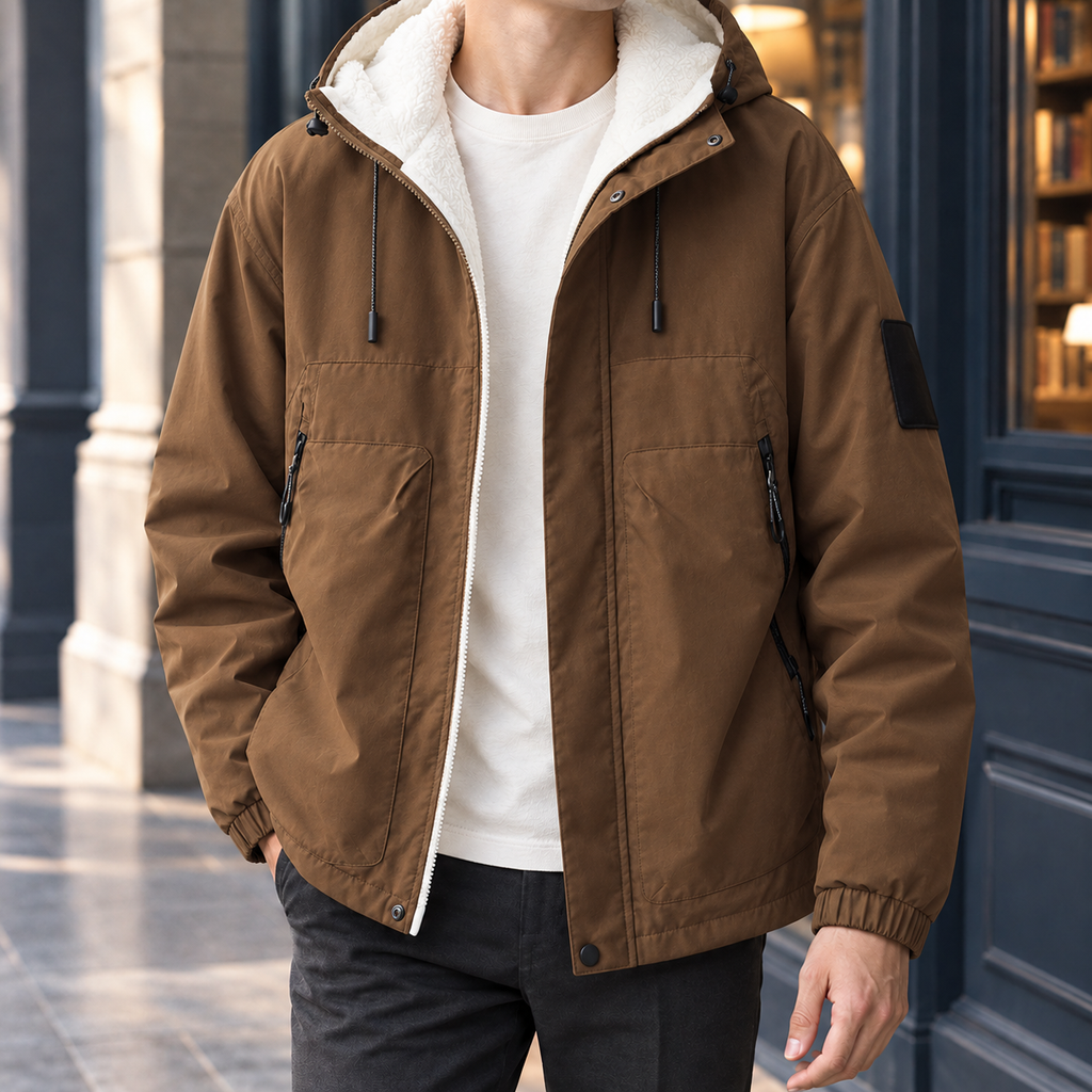 Hooded Jacket in Brown showing the fleece-lined hood, zipped pockets, and elasticated cuffs.
