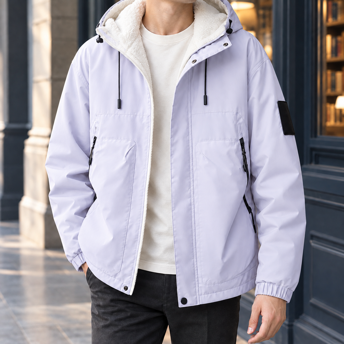 Hooded Jacket in Light Purple showing the fleece-lined hood, zipped pockets, and elasticated cuffs.