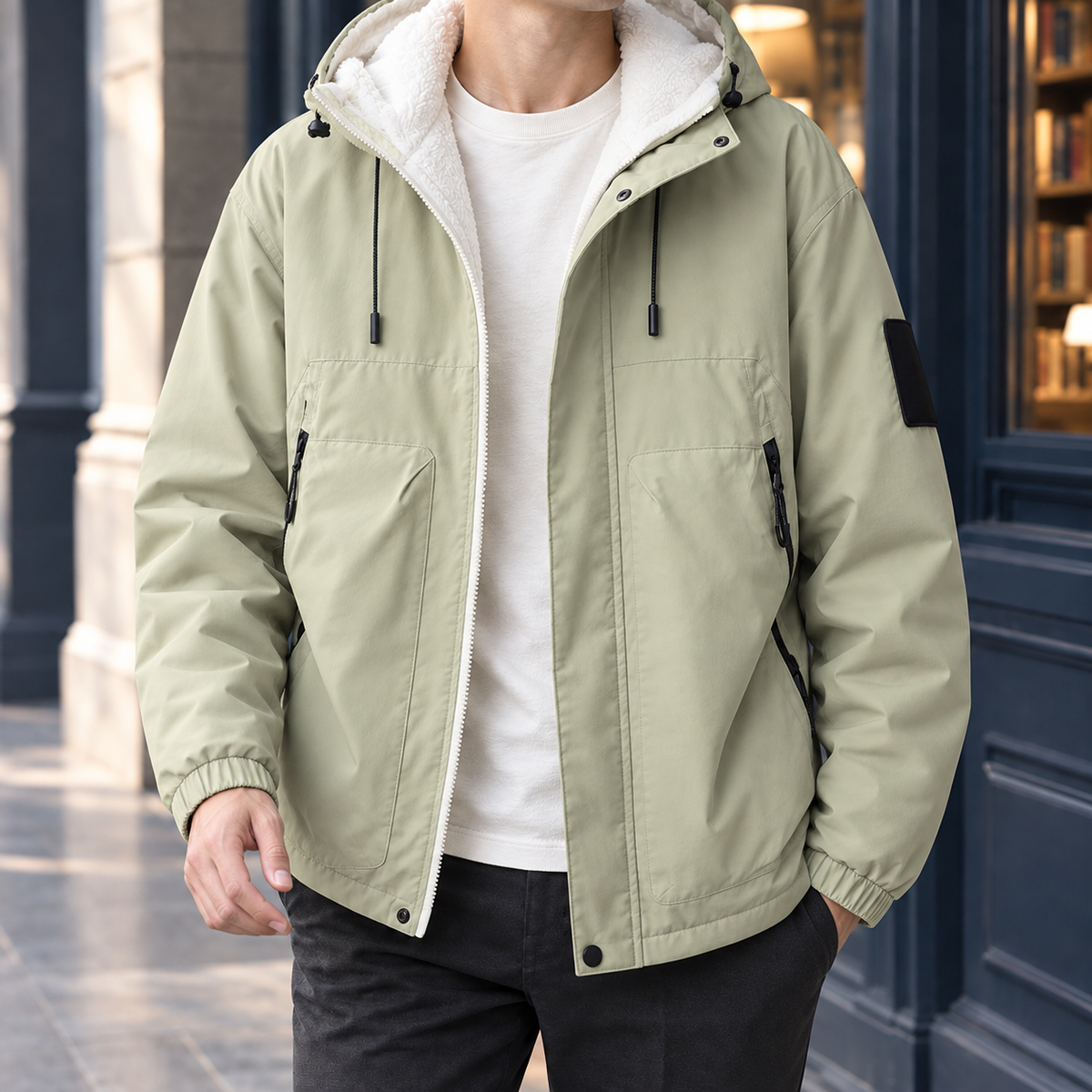 Hooded Jacket in Grayish Green showing the fleece-lined hood, zipped pockets, and elasticated cuffs.