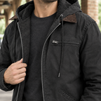 Hooded Jacket in Black showing the plush-look lining and adjustable hood