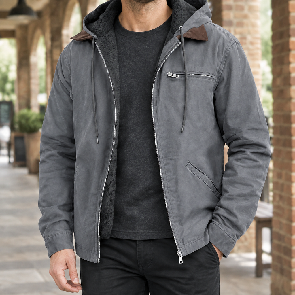 Hooded Jacket in Gray showing the plush-look lining and adjustable hood
