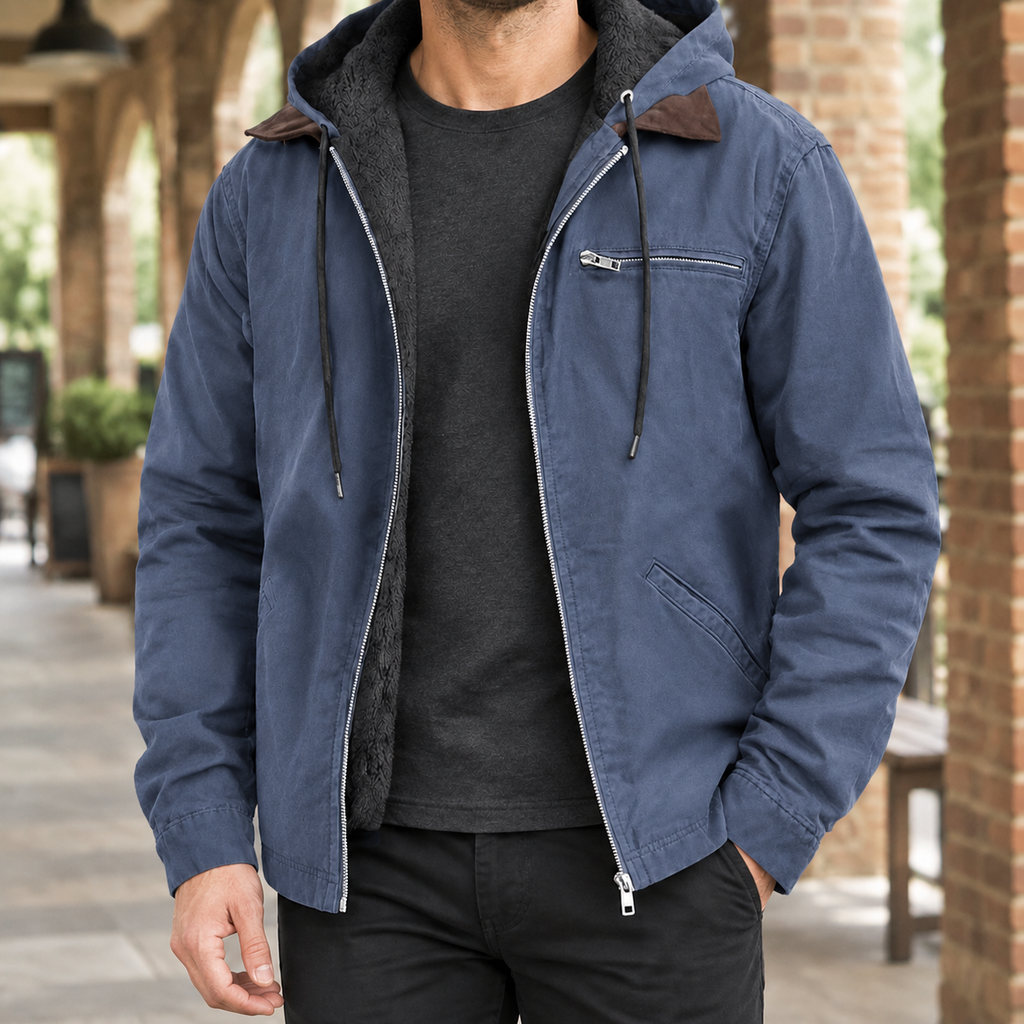 Hooded Jacket in Navy Blue showing the plush-look lining and adjustable hood