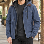Hooded Jacket in Navy Blue showing the plush-look lining and adjustable hood