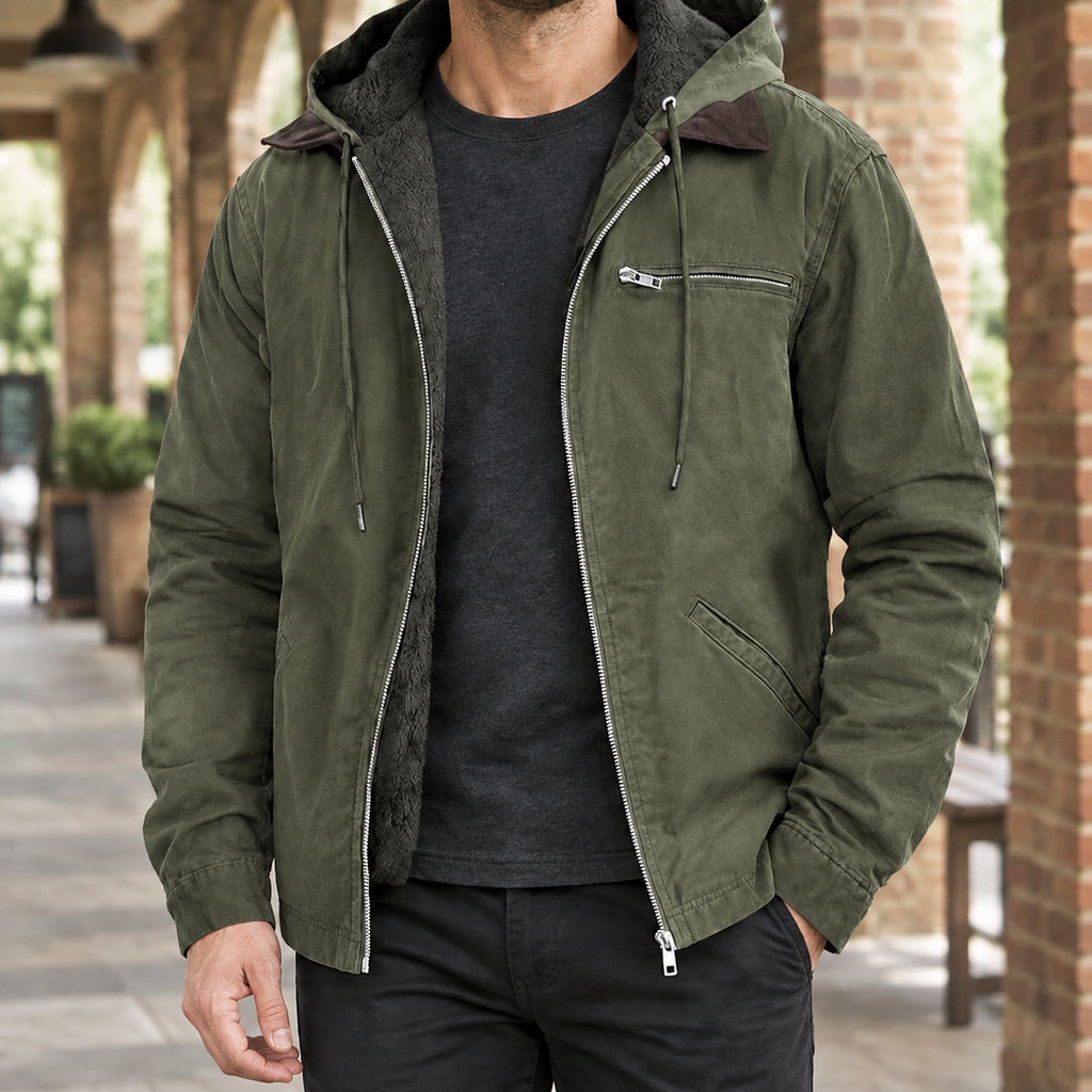 Hooded Jacket in Army Green showing the plush-look lining and adjustable hood