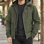 Hooded Jacket in Army Green showing the plush-look lining and adjustable hood