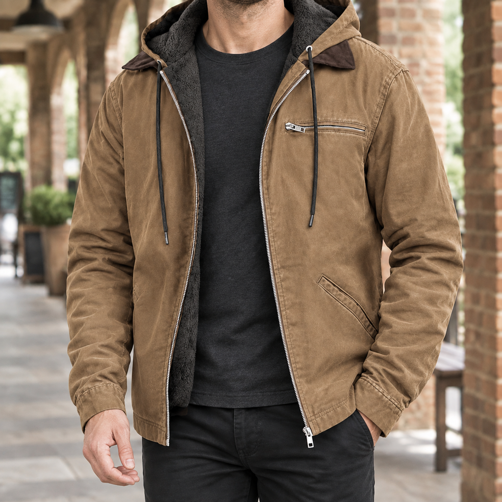 Hooded Jacket in Camel showing the plush-look lining and adjustable hood