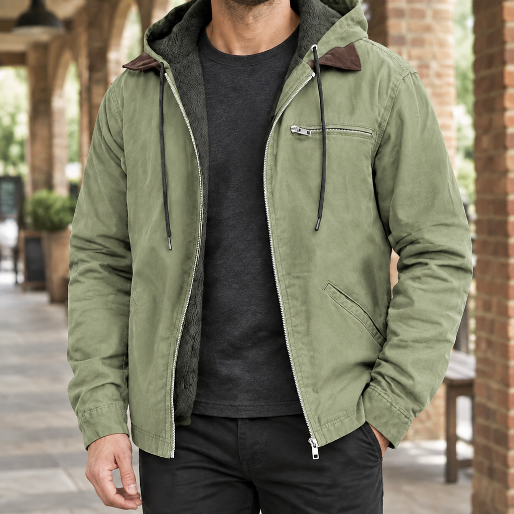 Hooded Jacket in Light Green showing the plush-look lining and adjustable hood