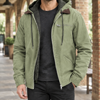 Hooded Jacket in Light Green showing the plush-look lining and adjustable hood
