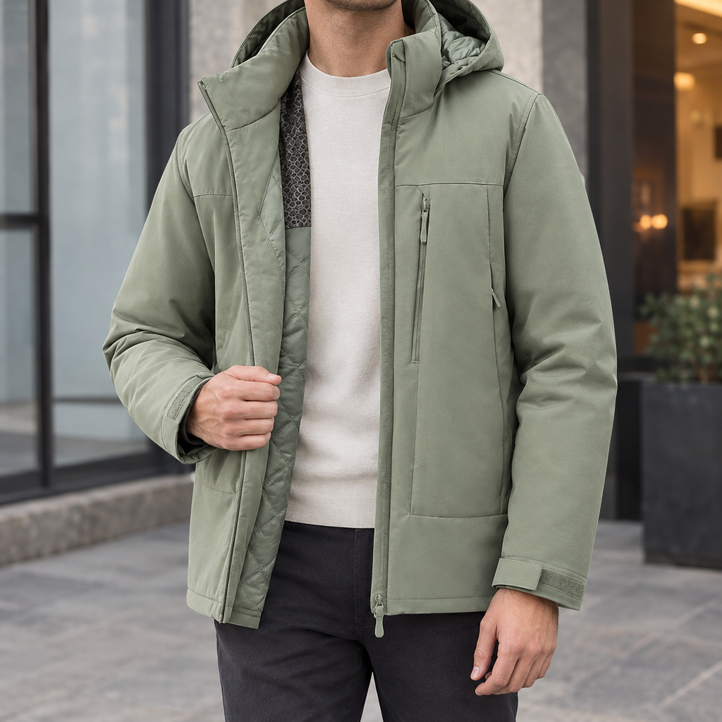 Hooded Jacket in Loose Gray Green showing the quilted lining and adjustable cuff tabs.