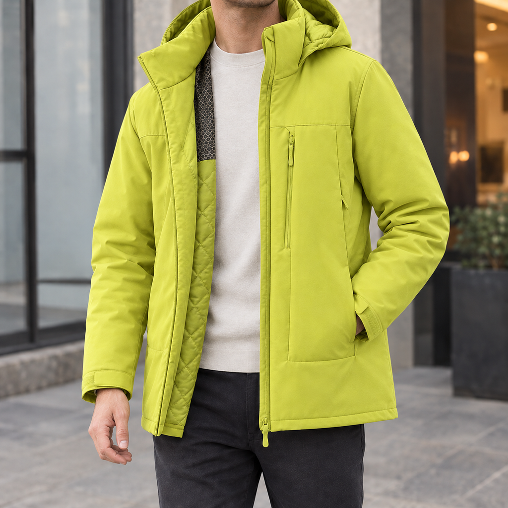 Hooded Jacket in Lime Green showing the quilted lining and adjustable cuff tabs.