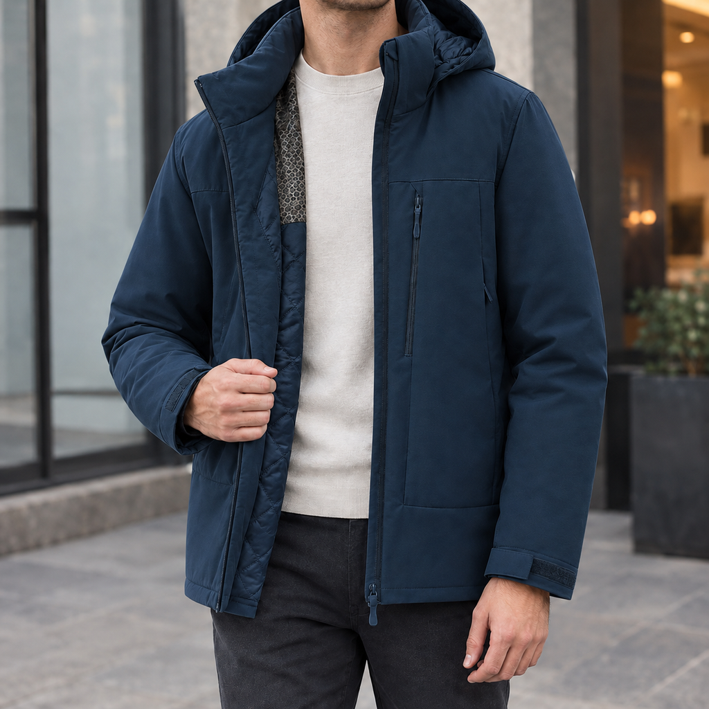 Hooded Jacket in Navy Blue showing the quilted lining and adjustable cuff tabs.