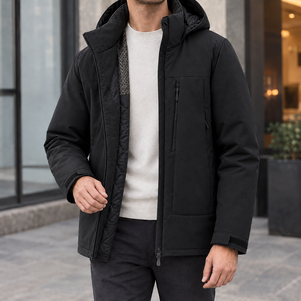 Hooded Jacket in Black showing the quilted lining and adjustable cuff tabs.